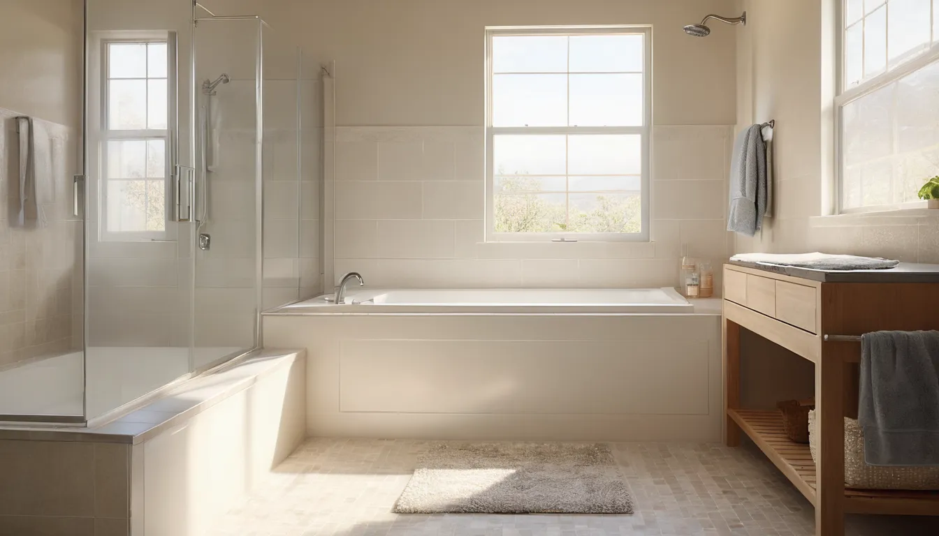 A friendly homeowner smiling in a bright, accessible bathroom in Concord